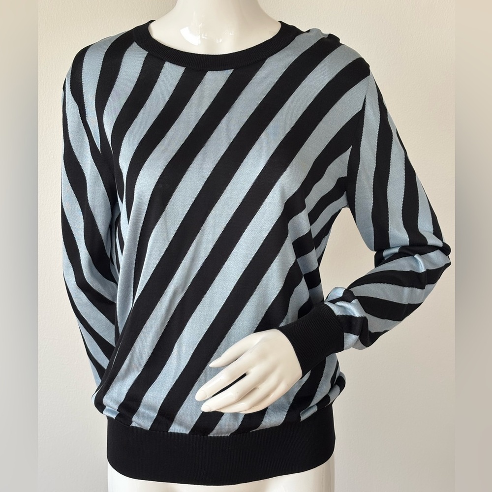 Dolce & Gabbana Silk Knit Sweater – Black Blue Diagonal Stripe Pullover - Picture 4 of 8